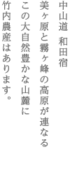 中山道 和田宿　美ヶ原と霧ヶ峰の高原が連なる　この大自然豊かな山麓に　竹内農産はあります。
